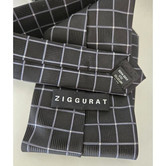 Ziggurat 100% Silk Window Pane Print Necktie Suiting Men In Black Classic - Picture 2 of 3